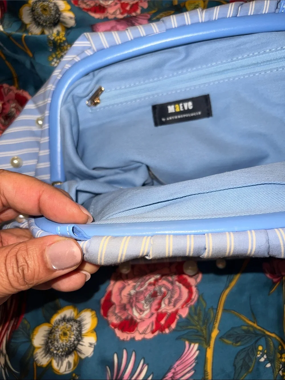 Maeve by Anthropologie Blue Pinstripe and Pearl Clutch